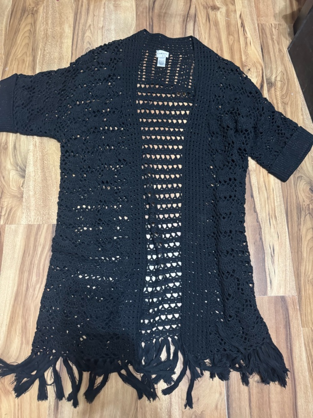 Chico's Black Crochet Fringe Open-Front Shrug